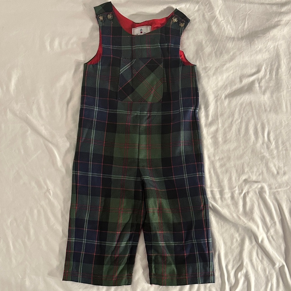 Classic Prep Navy and Green Plaid Overalls